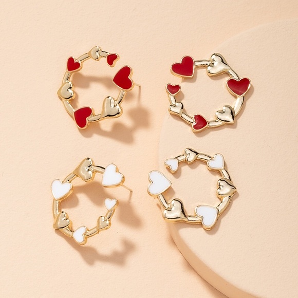 Cute Heart Hoop Earrings in Gold and Red - Picture 6 of 9